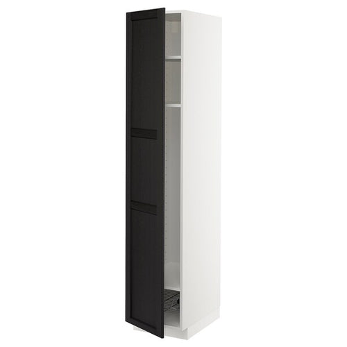 METOD - High cabinet w shelves/wire basket, white/Lerhyttan black stained, 40x60x200 cm