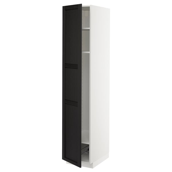 METOD high cabinet w shelves/wire basket, white/Lerhyttan black stained, 40x60x200 cm