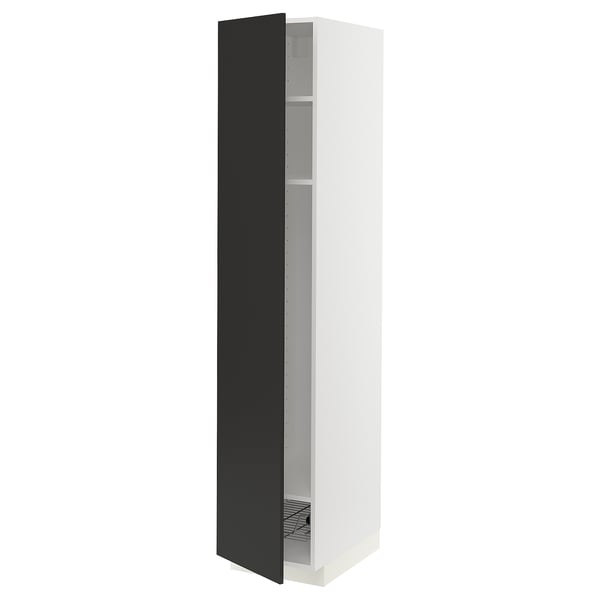 METOD high cabinet w shelves/wire basket, white/Nickebo matt anthracite, 40x60x200 cm