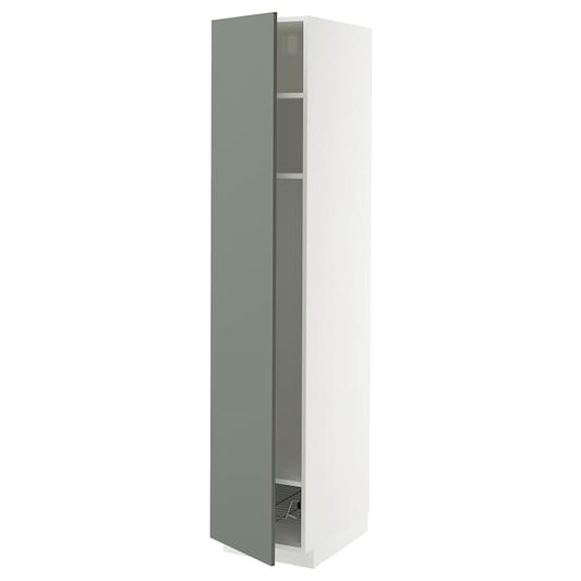 Ikea METOD - High cabinet w shelves/wire basket, white/Nickebo matt grey-green, 40x60x200 cm
