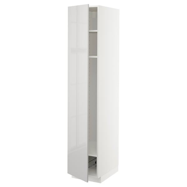 METOD high cabinet w shelves/wire basket, white/Ringhult light grey, 40x60x200 cm