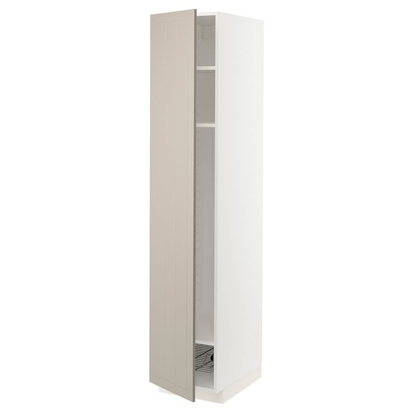 METOD - METOD High cabinet w shelves/wire basket, white/Stensund beige, 40x60x200 cm
