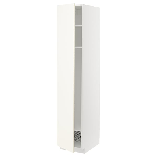 METOD high cabinet w shelves/wire basket, white/Vallstena white, 40x60x200 cm