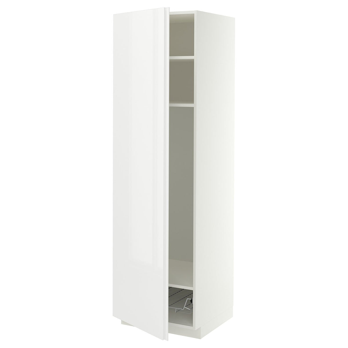METOD high cabinet w shelves/wire basket, white/VOXTORP high-gloss white vertical handle, 60x60x200 cm