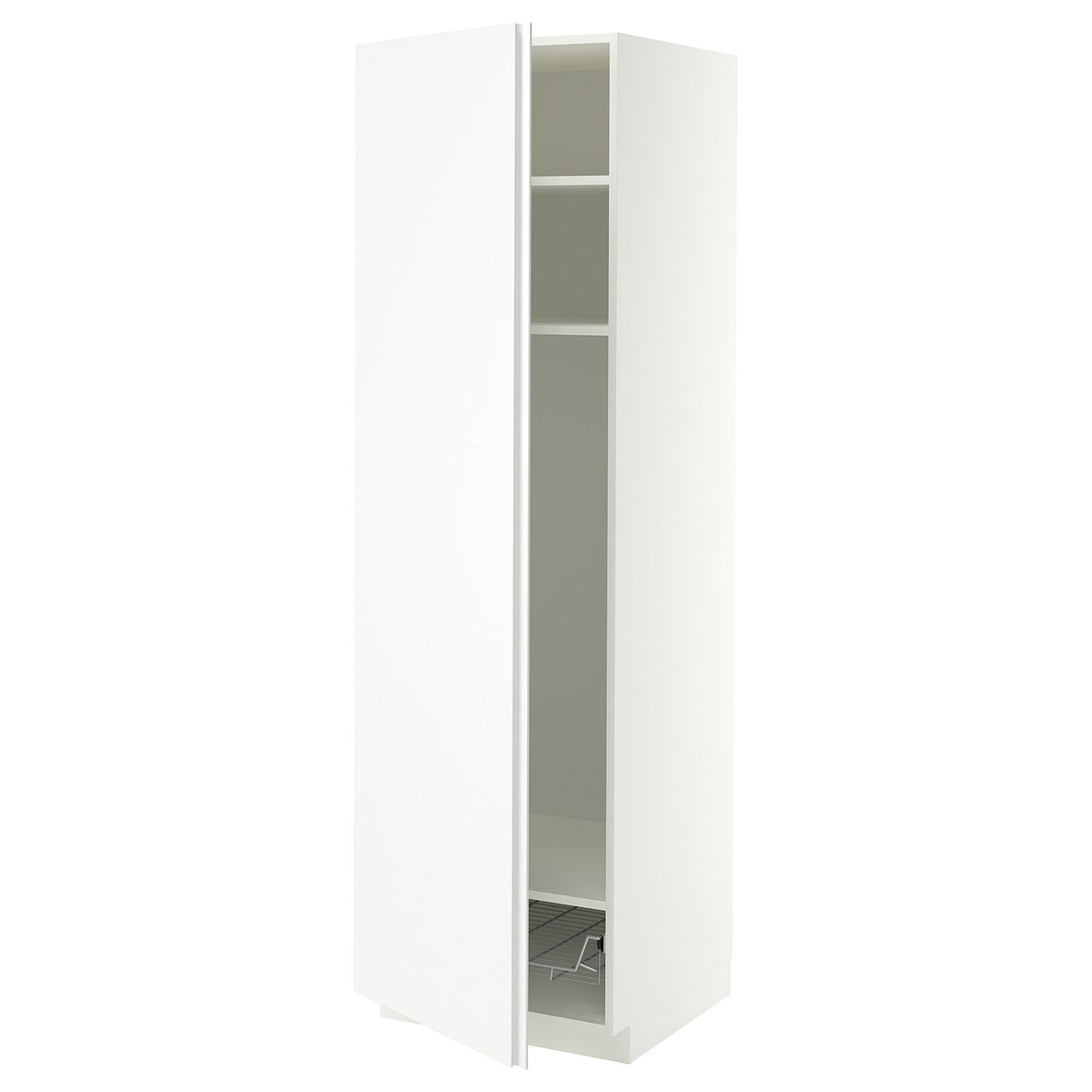 METOD high cabinet w shelves/wire basket, white/VOXTORP matt white vertical handle, 60x60x200 cm