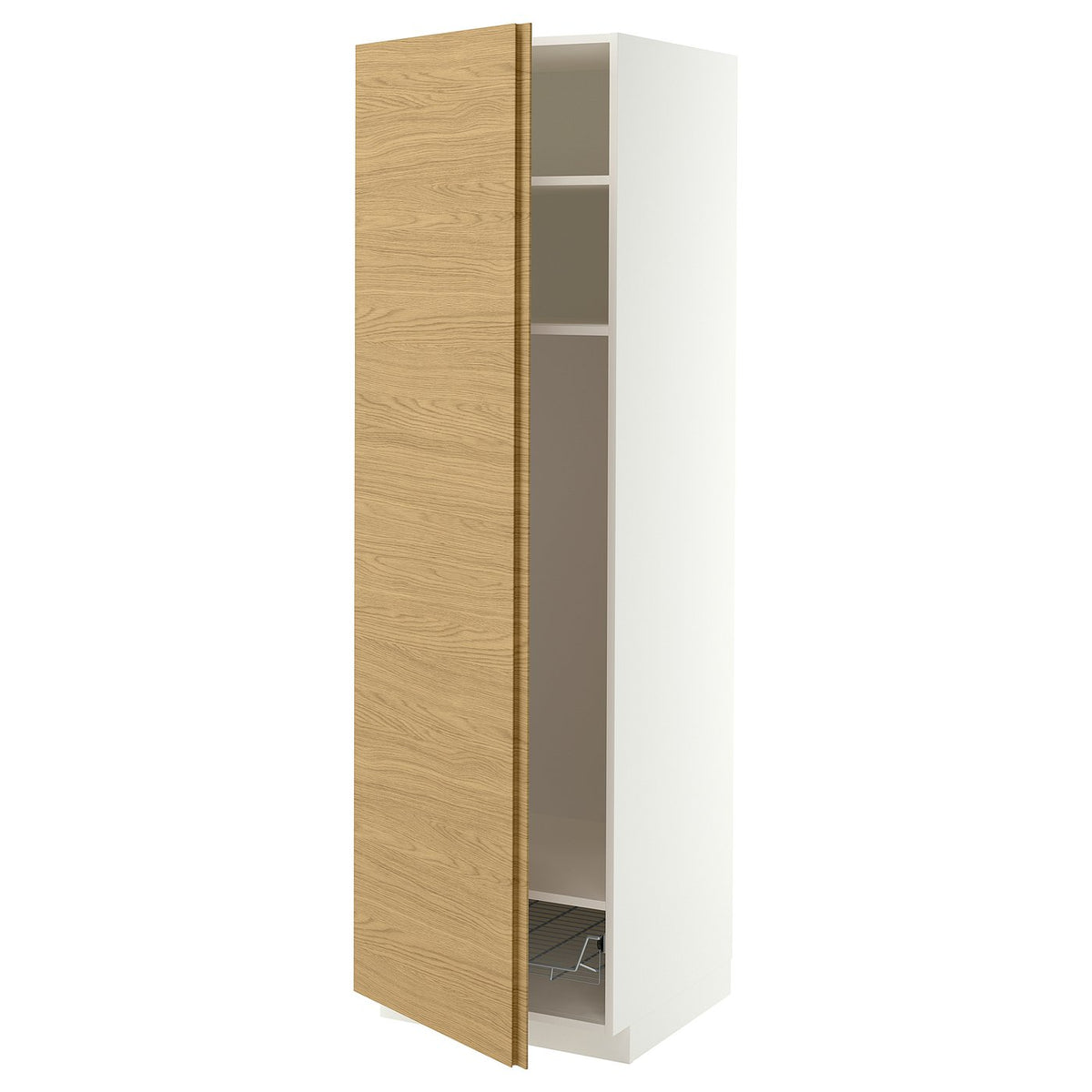 METOD high cabinet w shelves/wire basket, white/VOXTORP oak effect vertical handle, 60x60x200 cm