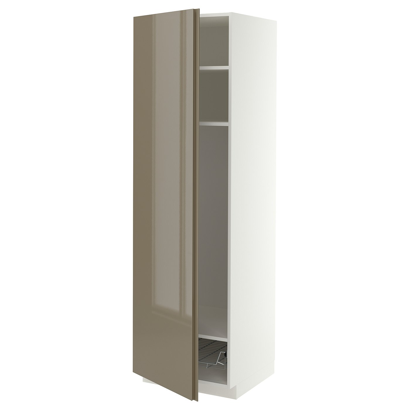 METOD high cabinet w shelves/wire basket, white/VOXTORP high-gloss dark grey-brown vertical, 60x60x200 cm