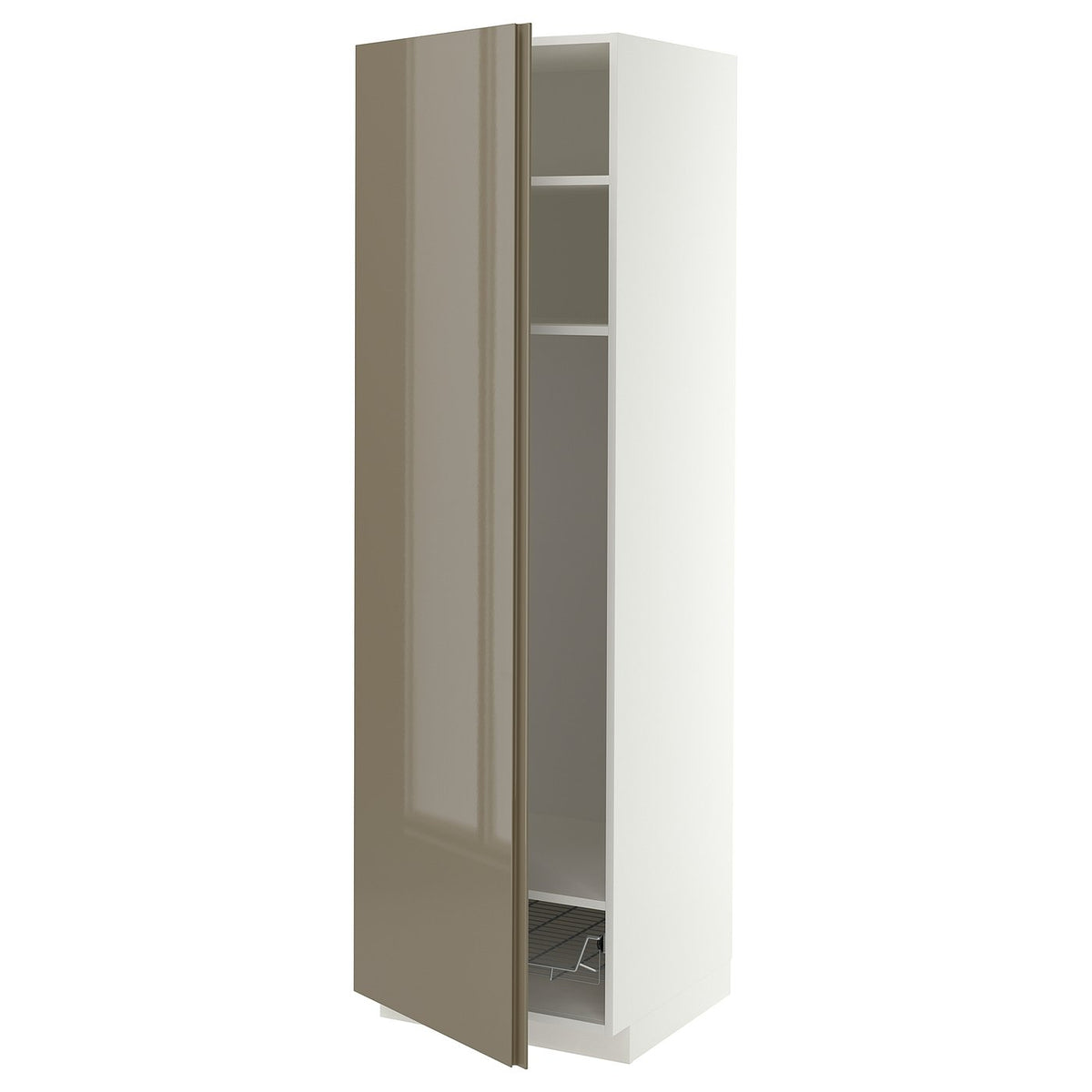 METOD high cabinet w shelves/wire basket, white/VOXTORP high-gloss dark grey-brown vertical, 60x60x200 cm