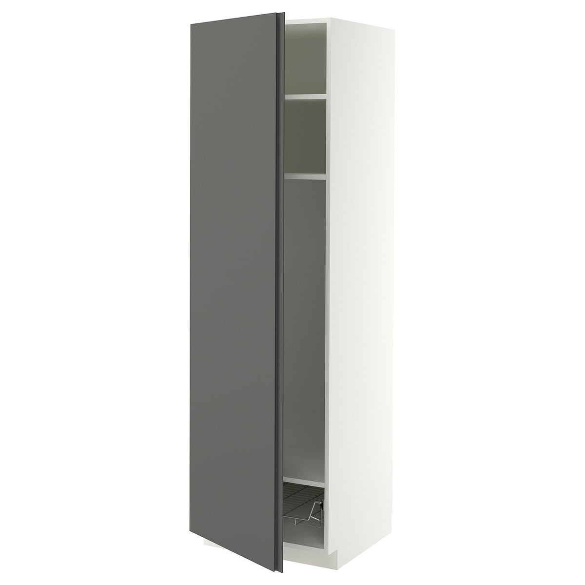 METOD high cabinet w shelves/wire basket, white/VOXTORP dark grey vertical handle, 60x60x200 cm