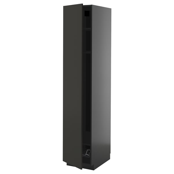 METOD high cabinet w shelves/wire basket, black-grey/Nickebo matt anthracite, 40x60x200 cm