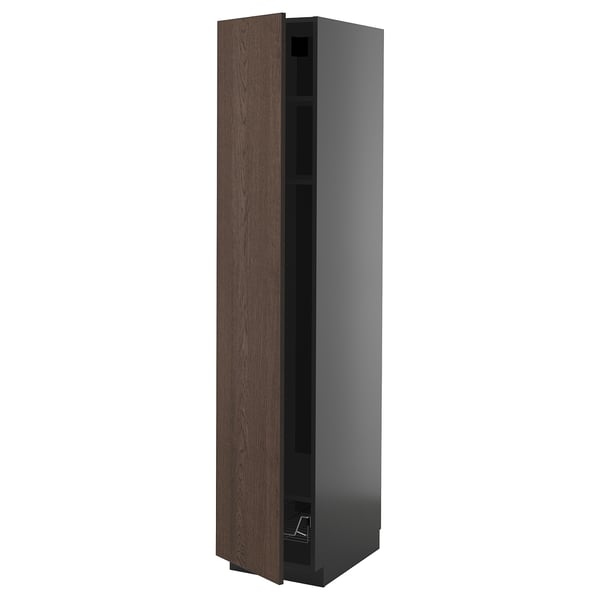 METOD high cabinet w shelves/wire basket, black-grey/Sinarp brown, 40x60x200 cm
