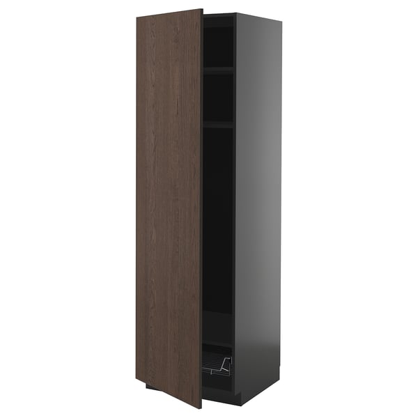 METOD - METOD High cabinet w shelves/wire basket, black-grey/Sinarp brown, 60x60x200 cm