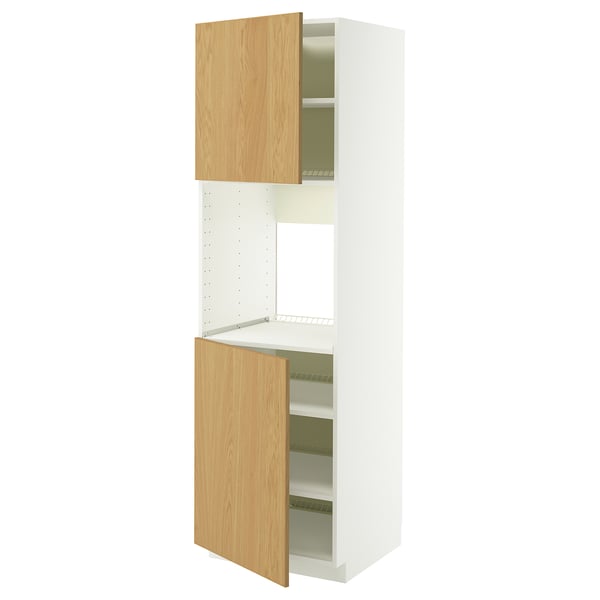 METOD high cab f oven w 2 doors/shelves, white/Sinarp oak veneer, 60x60x200 cm