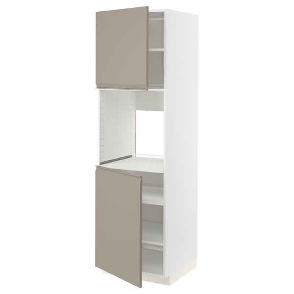 METOD high cab f oven w 2 doors/shelves, white/Upplöv matt dark beige, 60x60x200 cm