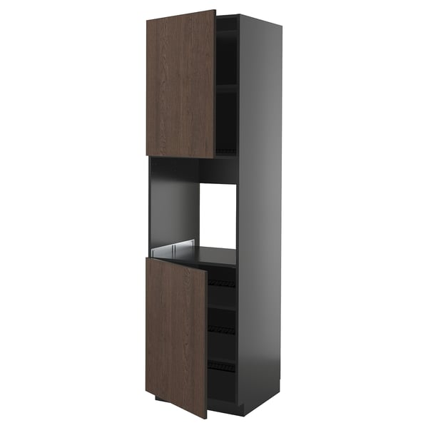 METOD high cab f oven w 2 doors/shelves, black-grey/Sinarp brown, 60x60x220 cm
