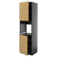 METOD high cab f oven w 2 doors/shelves, black-grey/Voxtorp oak effect, 60x60x220 cm