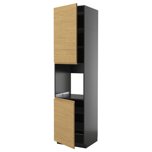 METOD High oven cabinet, 2 doors/shelves, black-grey/Voxtorp oak effect, 60x60x240 cm