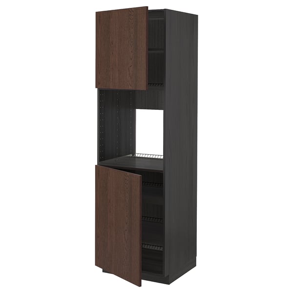 METOD high cab f oven w 2 doors/shelves, black/Sinarp brown, 60x60x200 cm