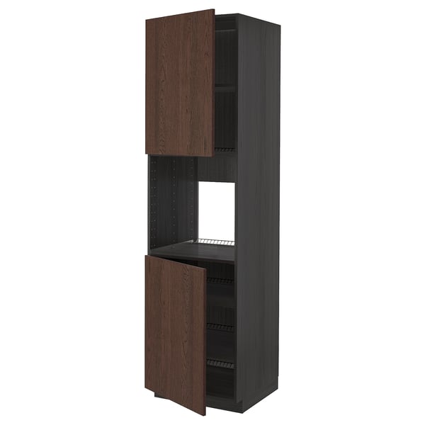 METOD high cab f oven w 2 doors/shelves, black/Sinarp brown, 60x60x220 cm