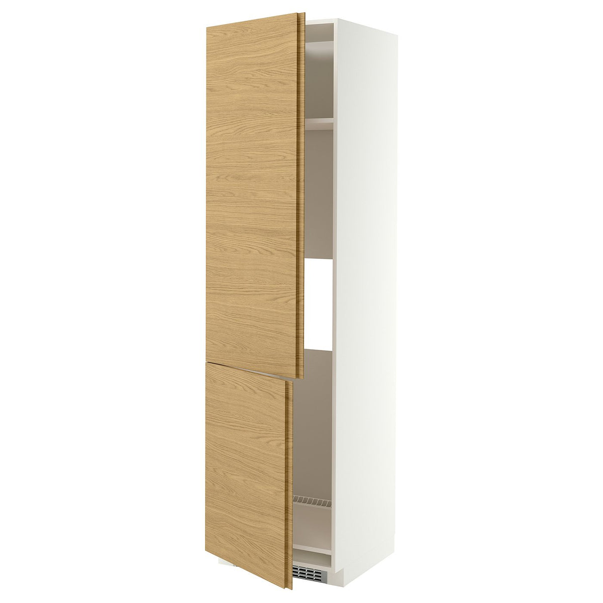 METOD high cab f fridge/freezer w 2 doors, white/VOXTORP oak effect vertical handle, 60x60x220 cm