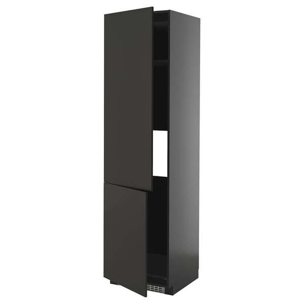 METOD high cab f fridge/freezer w 2 doors, black-grey/Nickebo matt anthracite, 60x60x220 cm