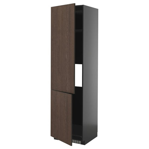 METOD Tall cabinet fridge/freezer 2ante, black-grey/Sinarp brown, 60x60x220 cm