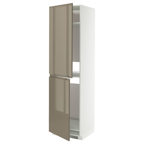 METOD - High cabinet for fridge/freezer, white/Voxtorp high-gloss dark grey-brown, 60x60x220 cm