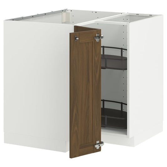 METOD corner base cabinet with carousel, white/Enköping brown walnut effect, 88x88 cm