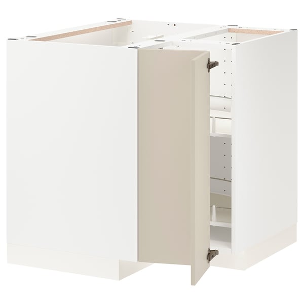 METOD corner base cabinet with carousel, white/Havstorp beige