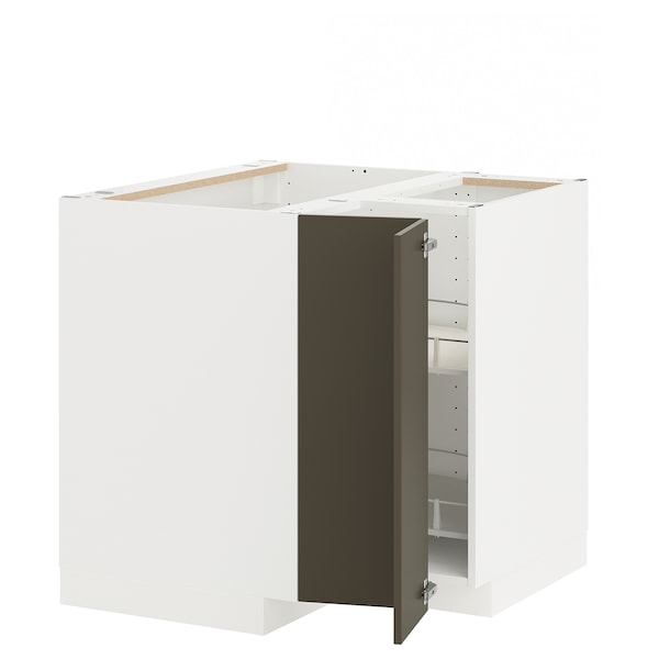 METOD - Corner base cabinet with carousel, white/Havstorp brown-beige, 88x88 cm