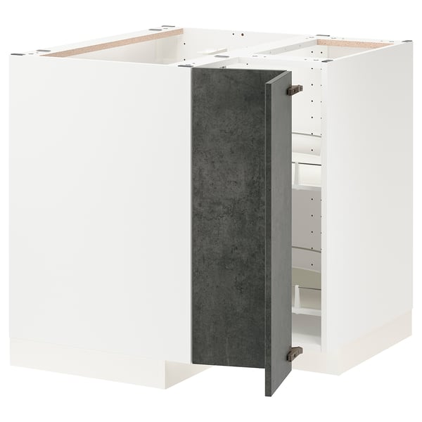 METOD corner base cabinet with carousel, white/Kalhyttan dark grey concrete effect
