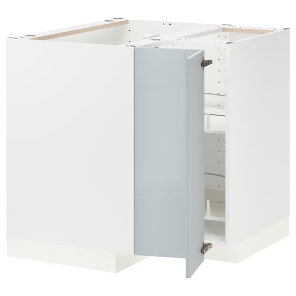 METOD corner base cabinet with carousel, white/Kallarp light grey-blue