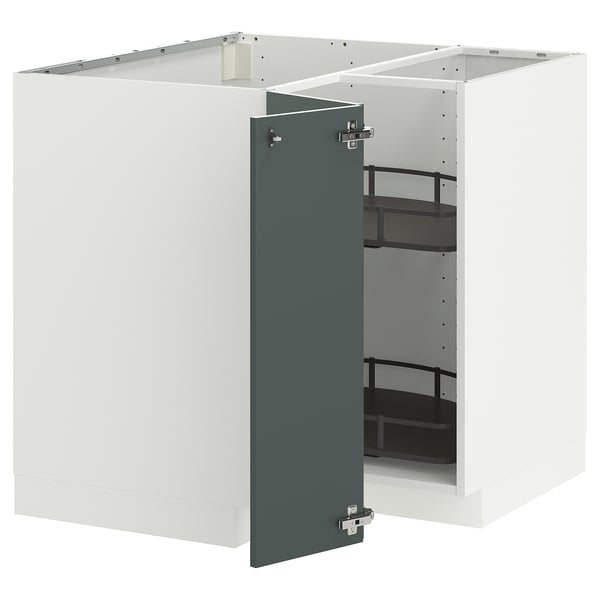 METOD corner base cabinet with carousel, white/Kallarp high-gloss dark grey-green, 88x88 cm