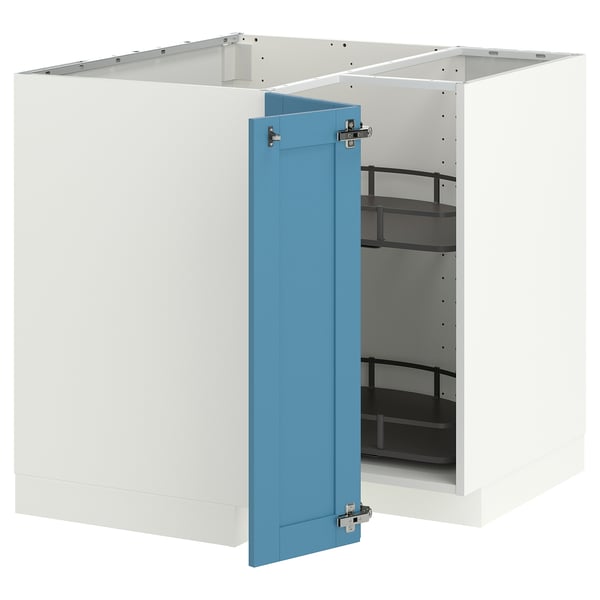 METOD corner base cabinet with carousel, white/Lerhyttan blue, 88x88 cm
