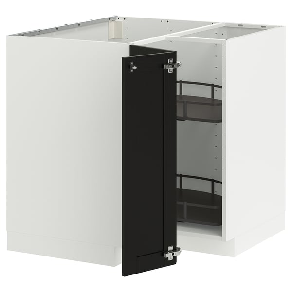 METOD corner base cabinet with carousel, white/Lerhyttan black stained, 88x88 cm