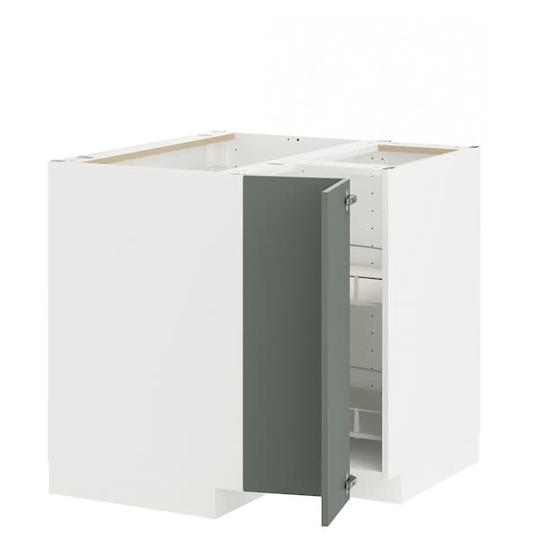 METOD corner base cabinet with carousel, white/Nickebo matt grey-green