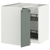 METOD corner base cabinet with carousel, white/Nickebo matt grey-green, 88x88 cm