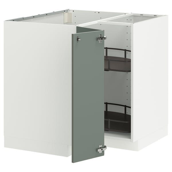 METOD corner base cabinet with carousel, white/Nickebo matt grey-green, 88x88 cm