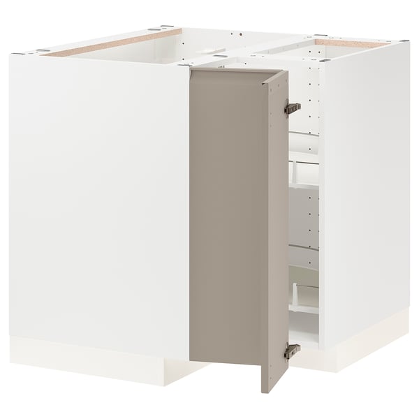 METOD corner base cabinet with carousel, white/Upplöv matt dark beige