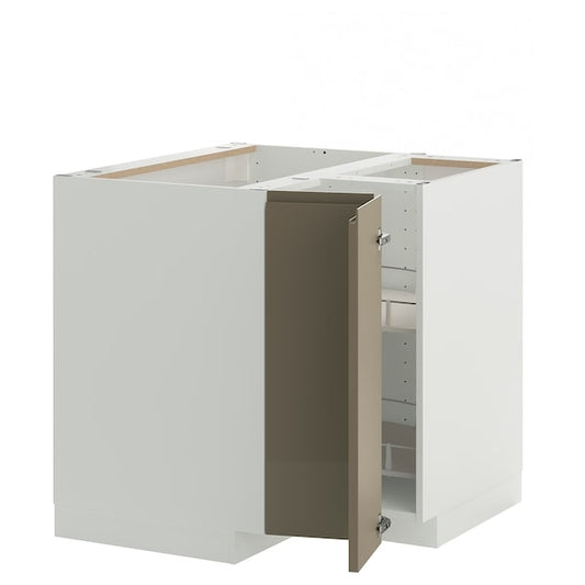 METOD - Corner base cabinet with carousel, white/Voxtorp high-gloss dark grey-brown, 88x88 cm