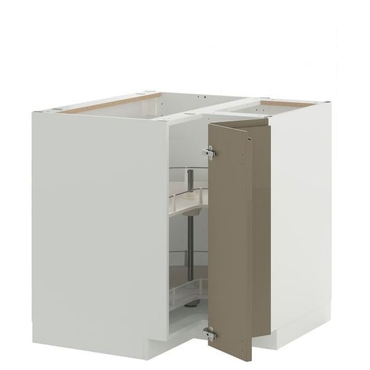 METOD - Corner base cabinet with carousel, white/Voxtorp high-gloss dark grey-brown, 88x88 cm