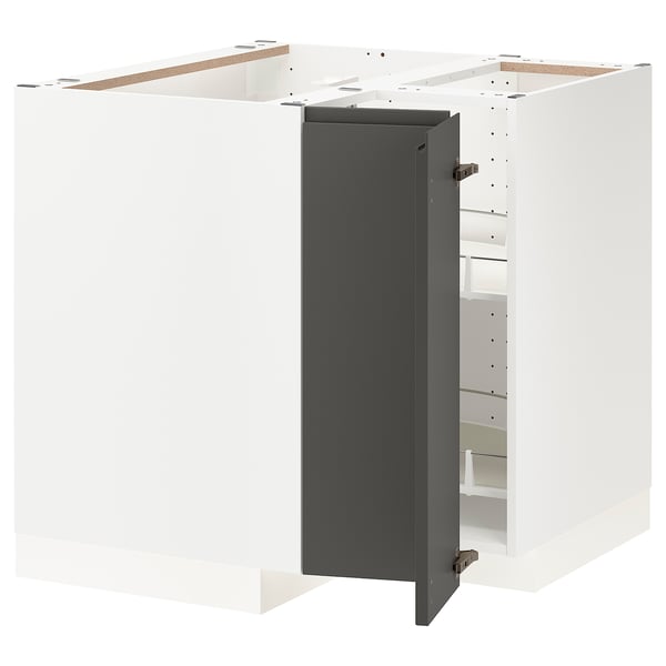 METOD corner base cabinet with carousel, white/Voxtorp dark grey