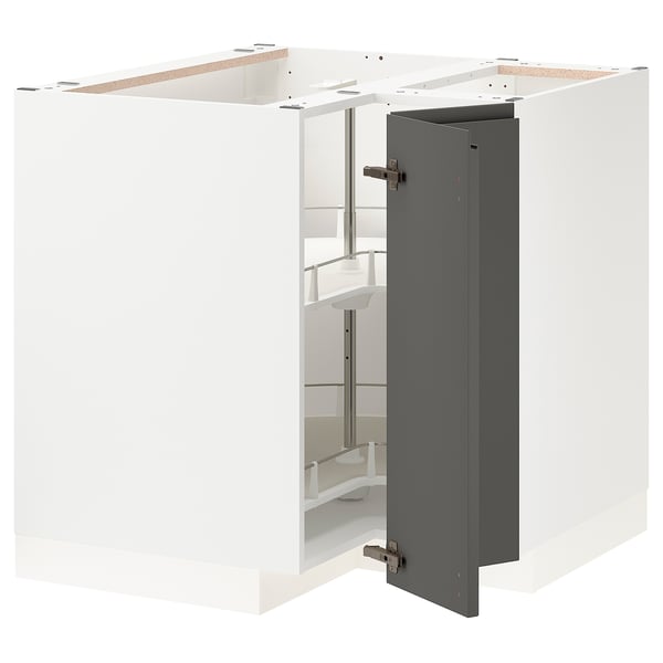 METOD corner base cabinet with carousel, white/Voxtorp dark grey