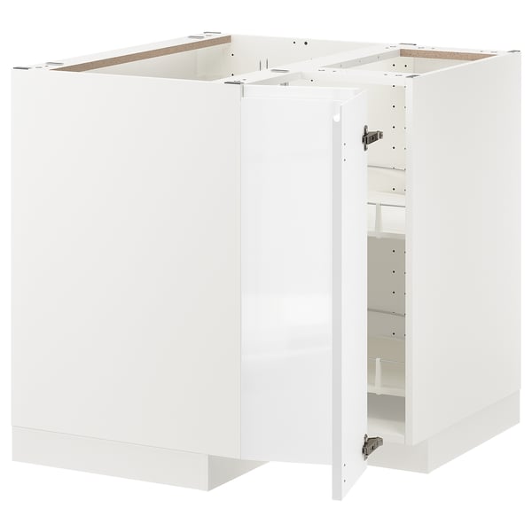 METOD corner base cabinet with carousel, white/Voxtorp high-gloss/white