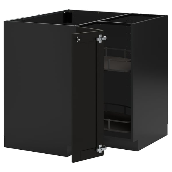 METOD corner base cabinet with carousel, black-grey/Lerhyttan black stained, 88x88 cm