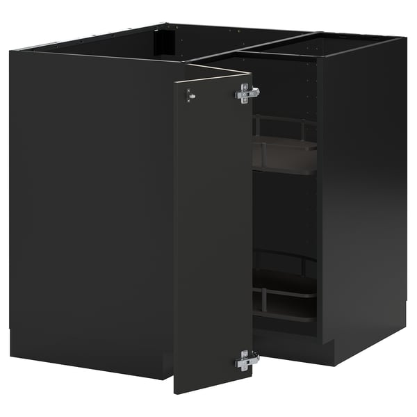 METOD corner base cabinet with carousel, black-grey/Nickebo matt anthracite, 88x88 cm