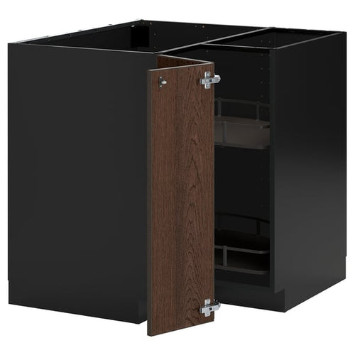 METOD - METOD Corner base cabinet with carousel, black-grey/Sinarp brown, 88x88 cm