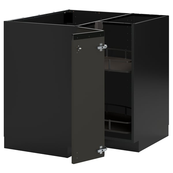 METOD corner base cabinet with carousel, black-grey/Upplöv matt anthracite, 88x88 cm