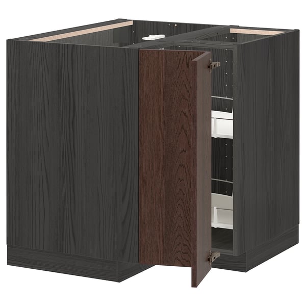 METOD corner base cabinet with carousel, black/Sinarp brown