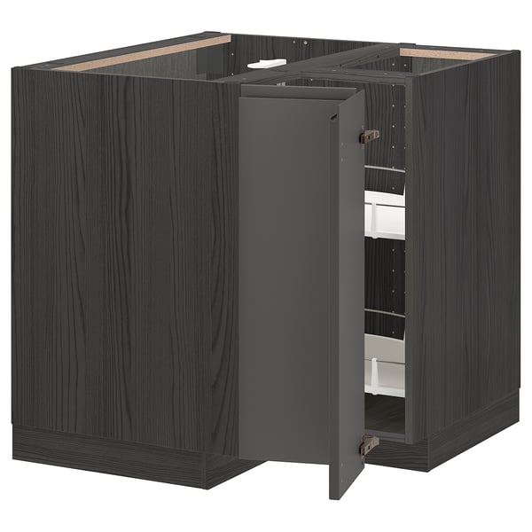 METOD corner base cabinet with carousel, black/Voxtorp dark grey